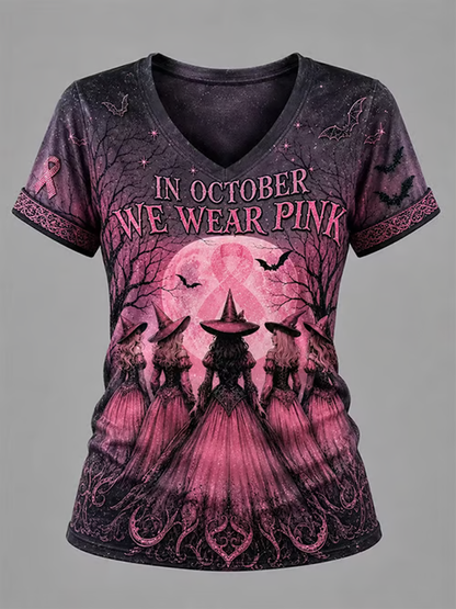 T-shirt à manches courtes imprimé cancer du sein Halloween pour femmes