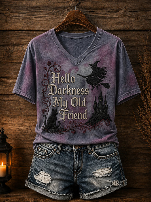 T-shirt Halloween pour femme avec inscription «Hello Darkness My Old Friend»