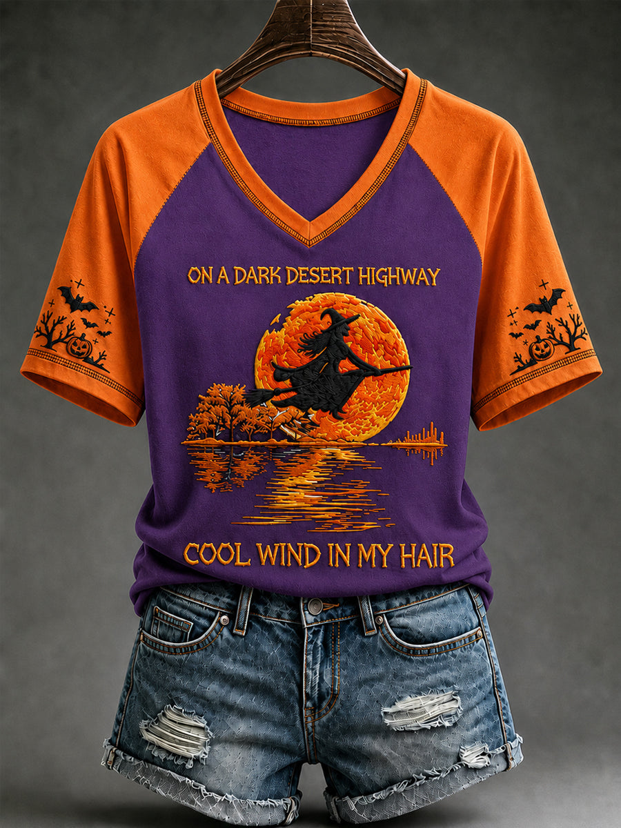 Halloween sorcière citrouille chauve-souris v-cou à manches courtes T-shirt pour femmes