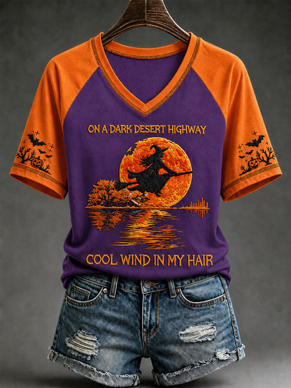 Halloween sorcière citrouille chauve-souris v-cou à manches courtes T-shirt pour femmes
