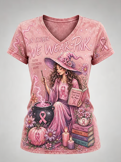 T-shirt à manches courtes imprimé cancer du sein Halloween pour femmes