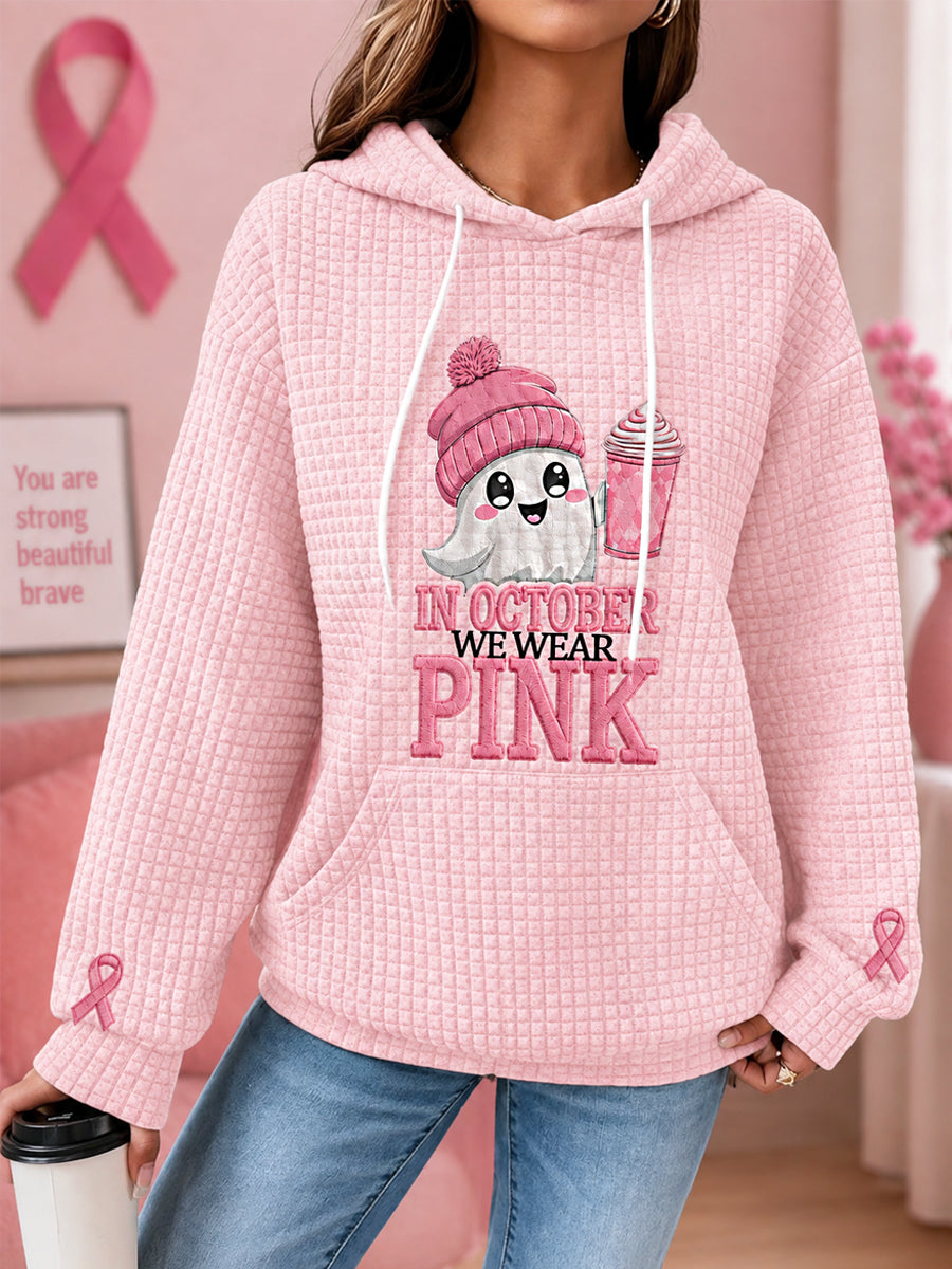 Femmes en octobre nous portons rose Halloween rose fantôme impression cancer du sein sensibilisation soutien gaufre Hoodie
