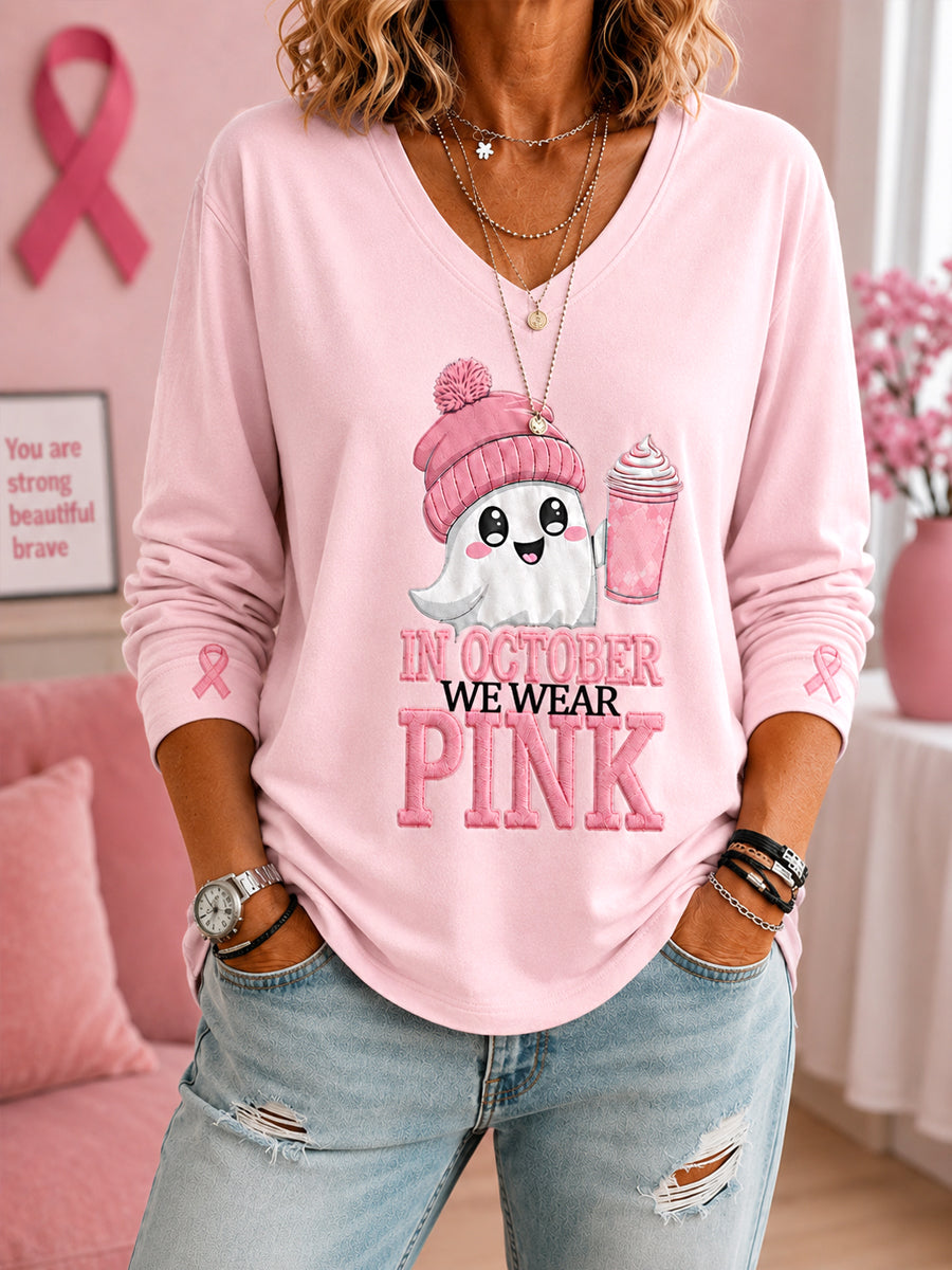 Pour les femmes: en octobre, on porte du rose — T-shirt à manches longues et col en V, imprimé fantôme rose d’Halloween, en soutien à la sensibilisation au cancer du sein