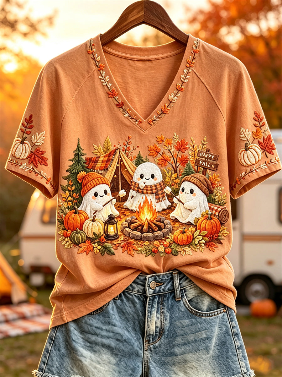 Femmes Heureux Automne Fantômes Automne Camping Imprimer T-shirt à manches courtes