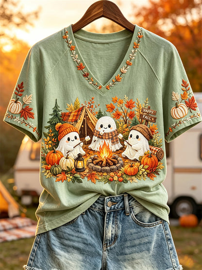 Femmes Heureux Automne Fantômes Automne Camping Imprimer T-shirt à manches courtes