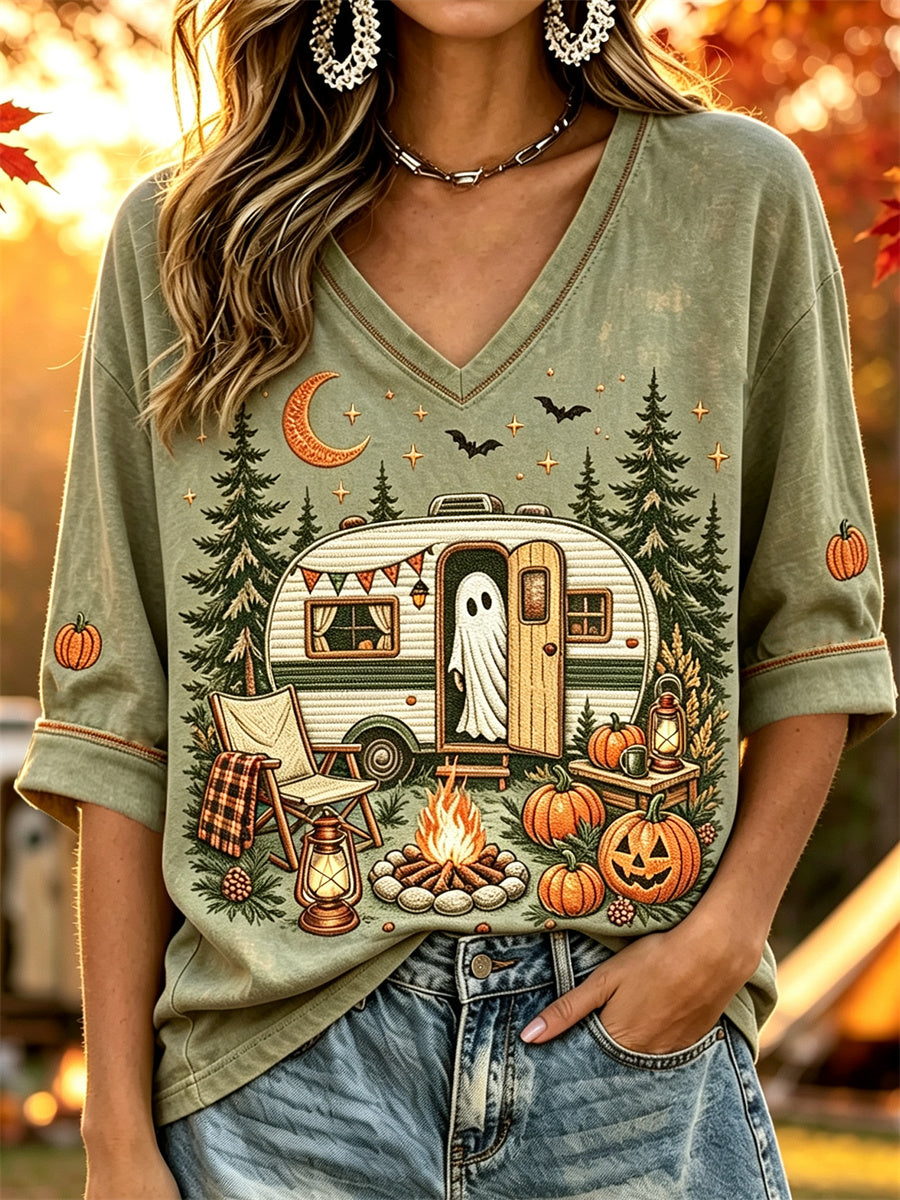 T-shirt à col en V à manches mi-longues pour femmes Halloween Ghost Fall RV Camping Print