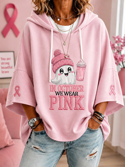Femmes En Octobre Nous Portons Rose Halloween Fantôme Rose Imprimer Cancer Du Sein Sensibilisation Soutien À Manches Courtes Hoodie