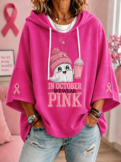 Femmes En Octobre Nous Portons Rose Halloween Fantôme Rose Imprimer Cancer Du Sein Sensibilisation Soutien À Manches Courtes Hoodie
