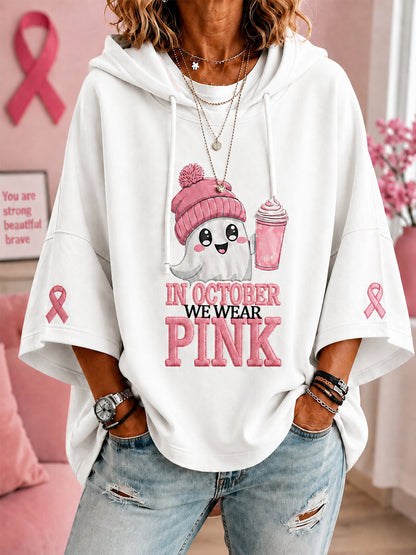 Femmes En Octobre Nous Portons Rose Halloween Fantôme Rose Imprimer Cancer Du Sein Sensibilisation Soutien À Manches Courtes Hoodie