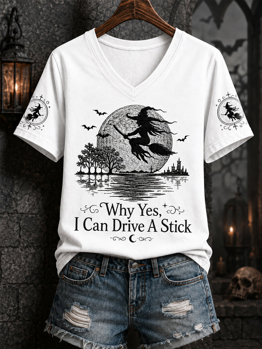 Drôle Halloween Sorcière des femmes Pourquoi Oui, en fait, je peux conduire un bâton Imprimer Casual V-Neck Tee