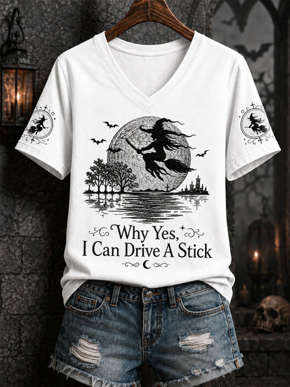 Drôle Halloween Sorcière des femmes Pourquoi Oui, en fait, je peux conduire un bâton Imprimer Casual V-Neck Tee