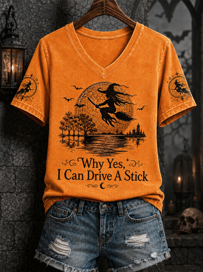 Drôle Halloween Sorcière des femmes Pourquoi Oui, en fait, je peux conduire un bâton Imprimer Casual V-Neck Tee