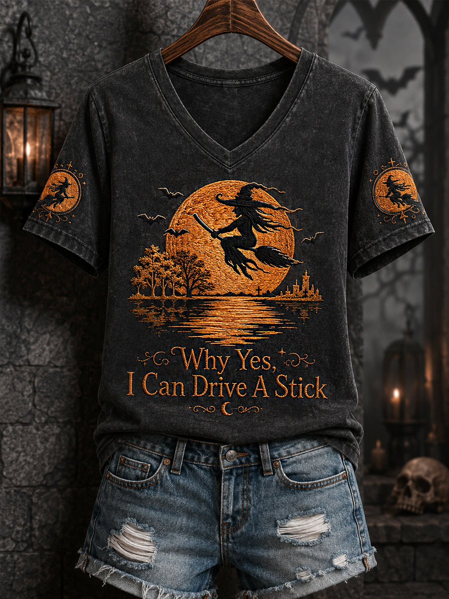 Drôle Halloween Sorcière des femmes Pourquoi Oui, en fait, je peux conduire un bâton Imprimer Casual V-Neck Tee