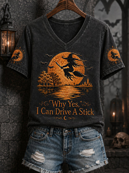 Drôle Halloween Sorcière des femmes Pourquoi Oui, en fait, je peux conduire un bâton Imprimer Casual V-Neck Tee