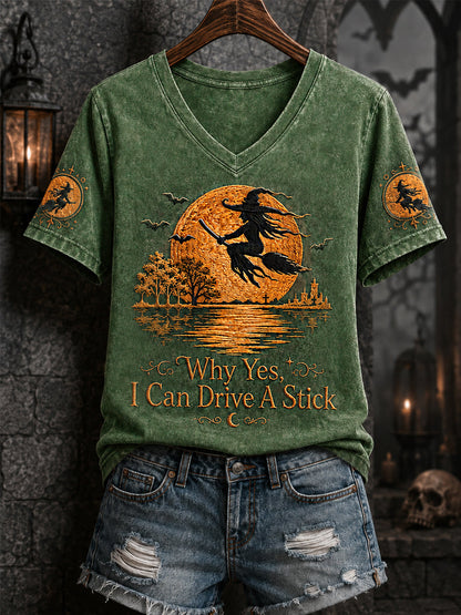 Drôle Halloween Sorcière des femmes Pourquoi Oui, en fait, je peux conduire un bâton Imprimer Casual V-Neck Tee
