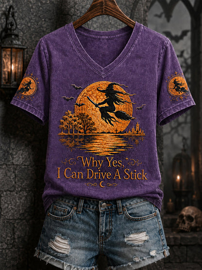Drôle Halloween Sorcière des femmes Pourquoi Oui, en fait, je peux conduire un bâton Imprimer Casual V-Neck Tee