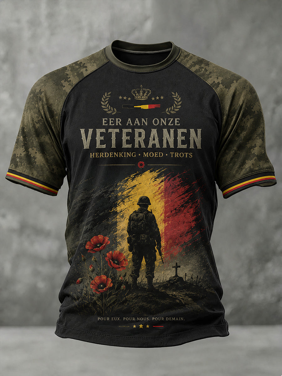 T-shirt manches courtes raglan pour hommes, imprimé commémoratif vintage militaire et vétéran