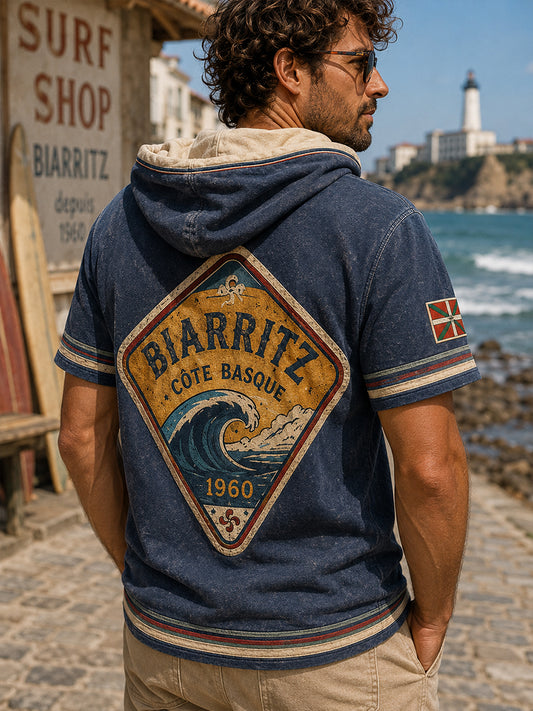 Sweat à capuche décontracté à manches courtes pour homme, imprimé inspiré de la culture basque et du surf français