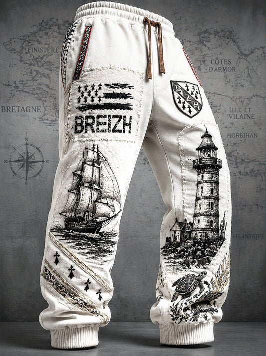 Pantalon de sport décontracté pour homme, blanc, style breton, à imprimé patchwork