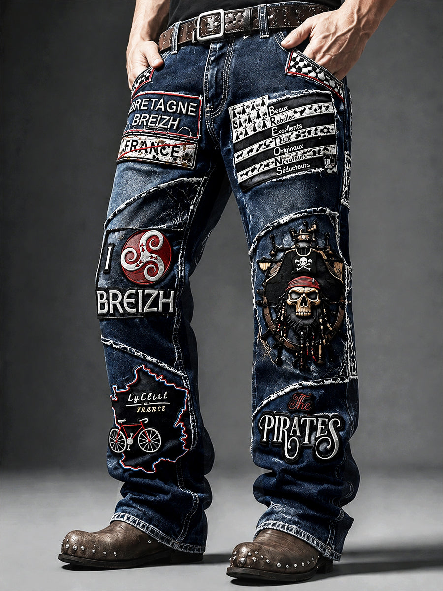 Pantalon décontracté pour homme, bleu marine profond, style marin, motif patchwork