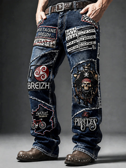 Pantalon décontracté pour homme, bleu marine profond, style marin, motif patchwork