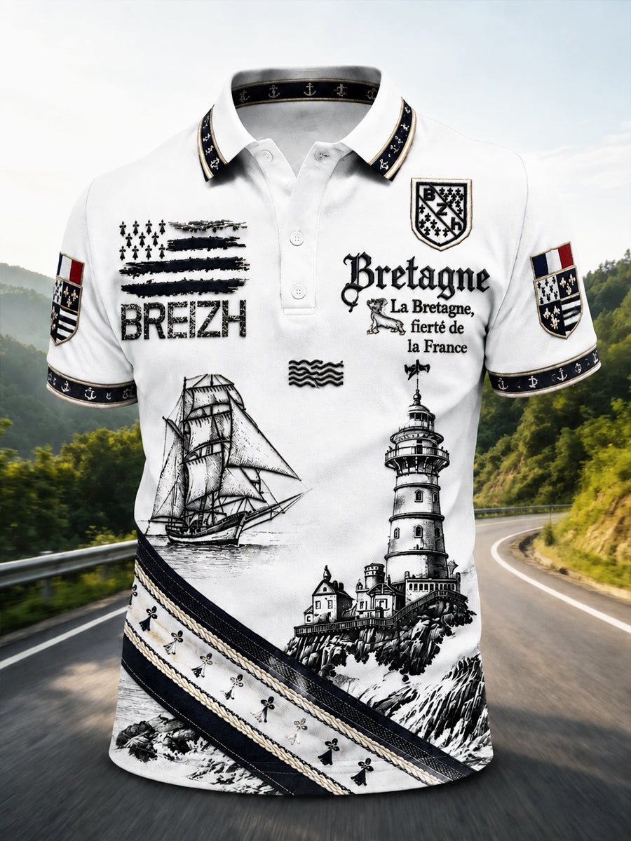 Polo décontracté blanc pour homme, imprimé phare, style breton