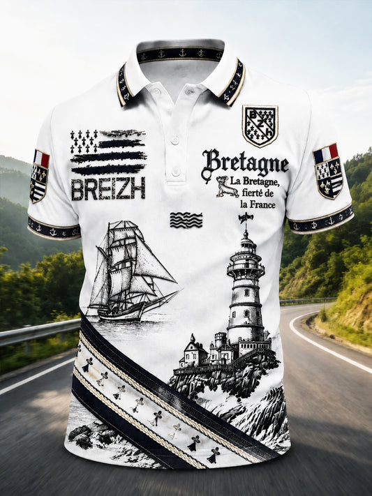 Polo décontracté blanc pour homme, imprimé phare, style breton