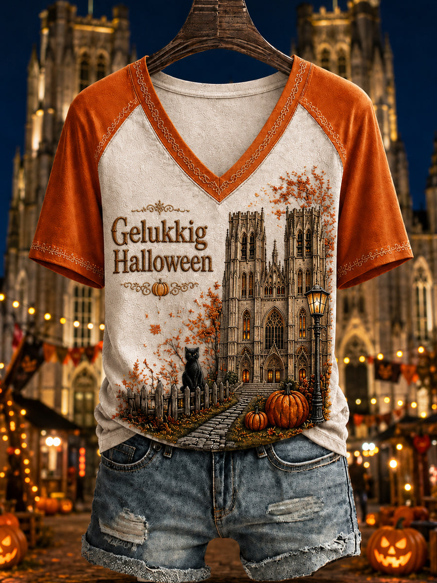 Femmes Belgique Halloween Imprimé Vintage Mode lâche T-shirt à manches courtes