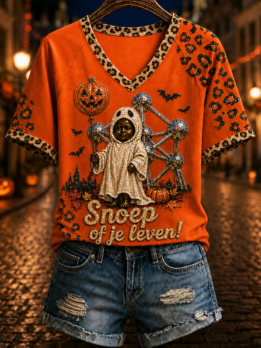 T-shirt femme Belge à manches courtes, ample, à imprimé d’Halloween, style vintage et tendance
