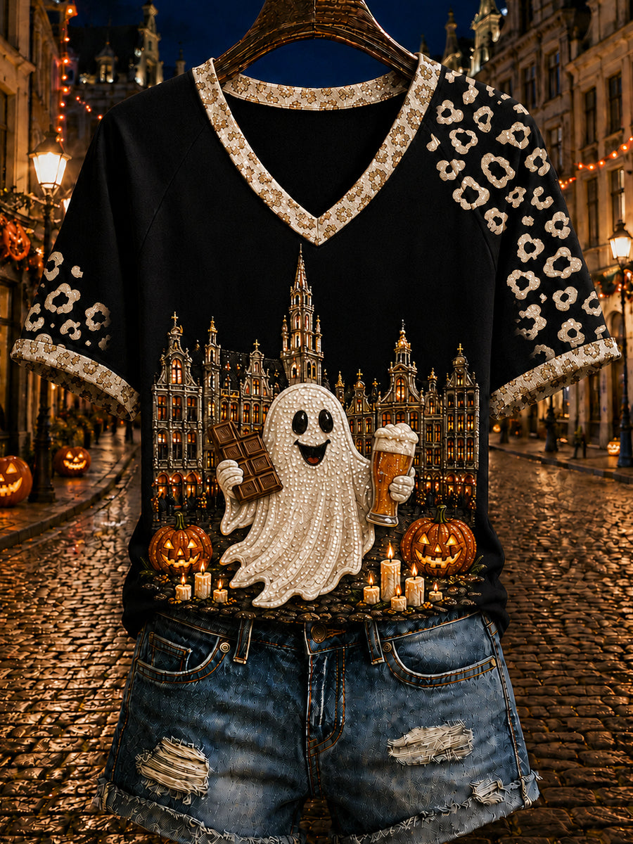 T-shirt femme Belge à manches courtes, ample, à imprimé d’Halloween, style vintage et tendance