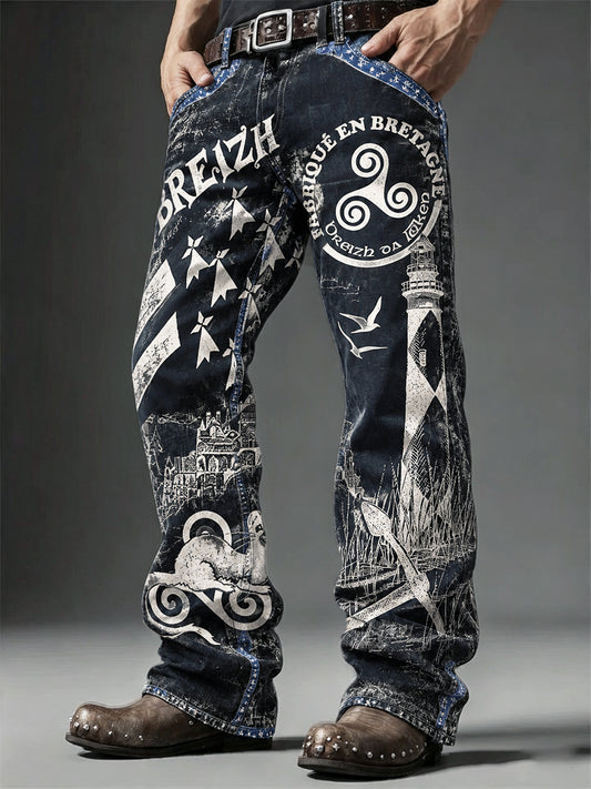 Pantalon décontracté noir pour homme à imprimé marin breton