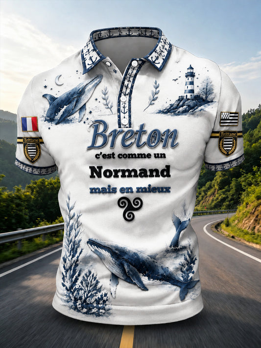 Polo décontracté blanc à imprimé breton pour homme
