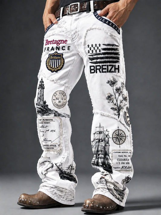 Pantalon décontracté pour homme, blanc, de style breton, à imprimé patchwork