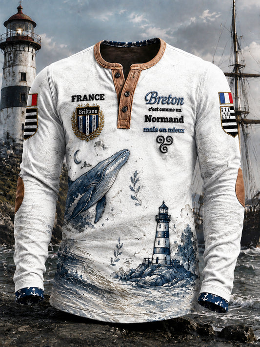 Sweat-shirt décontracté blanc à col Henley et imprimé breton pour homme