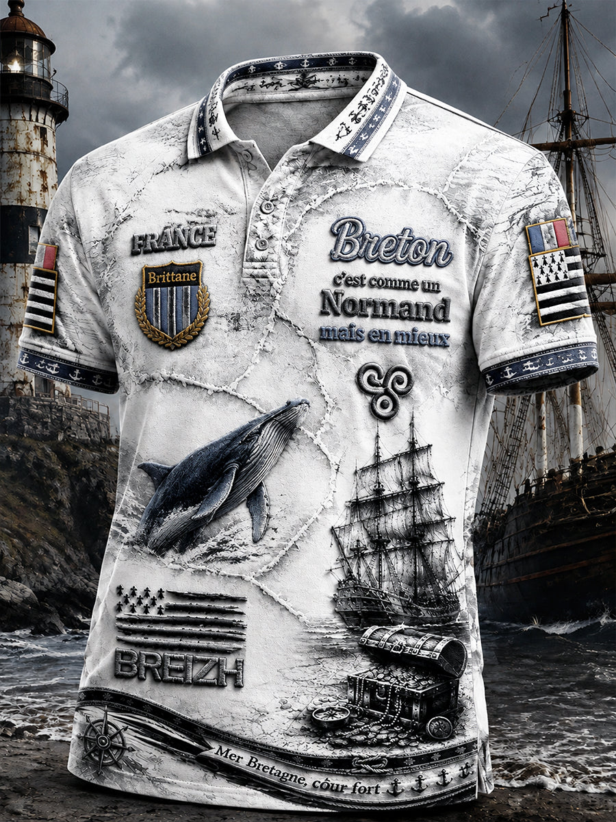 Polo décontracté pour homme, style vintage français de Bretagne, motif patchwork