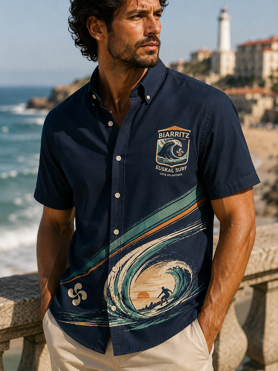 Hommes Français Basque Surf Culture Chemise à manches courtes Chemise décontractée à manches courtes