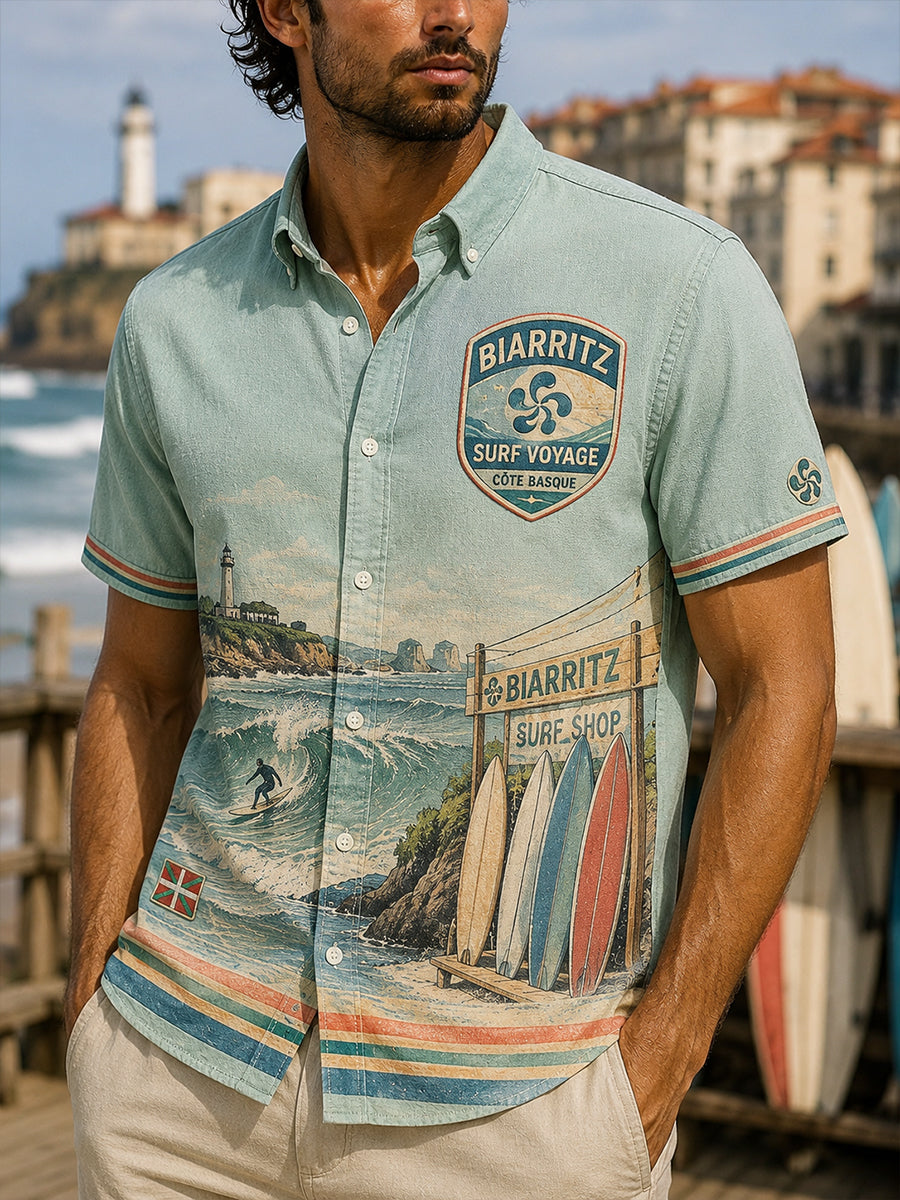 Chemise à manches courtes pour homme, style basque français, décontractée, inspirée de la culture du surf