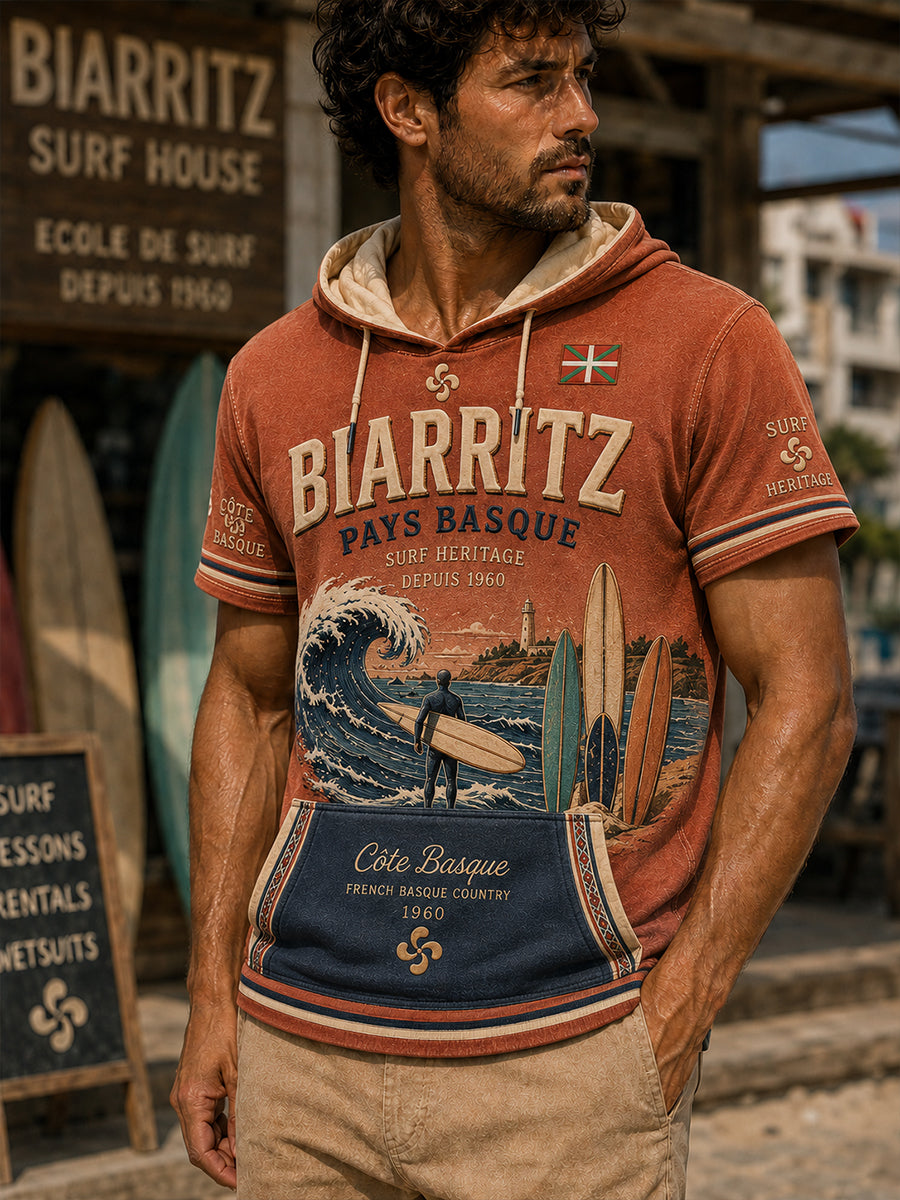 Sweat à capuche décontracté à manches courtes pour homme, imprimé inspiré de la culture basque et du surf français