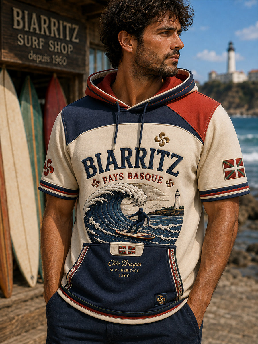 Sweat à capuche décontracté à manches courtes pour homme, imprimé inspiré de la culture basque et du surf français
