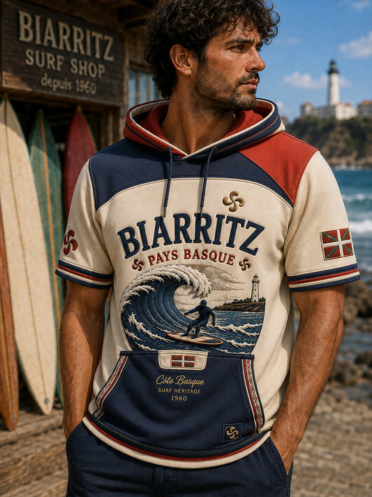 Sweat à capuche décontracté à manches courtes pour homme, imprimé inspiré de la culture basque et du surf français