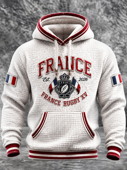 Sweat-shirt à capuche vintage pour homme, blanc, en coton, motif écossais et imprimé rugby français, collection automne