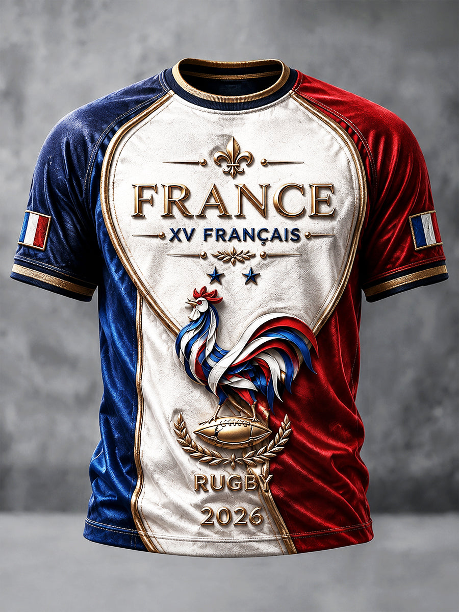 T-shirt décontracté pour homme, style français, automne, motif patchwork, imprimé rugby