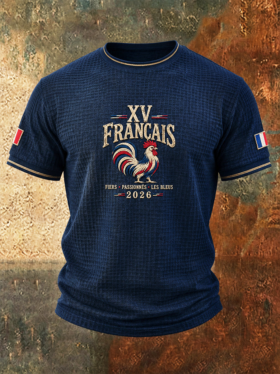 T-shirt blanc français d’automne pour homme, imprimé rugby, décontracté, minimaliste, en tissu gauffré