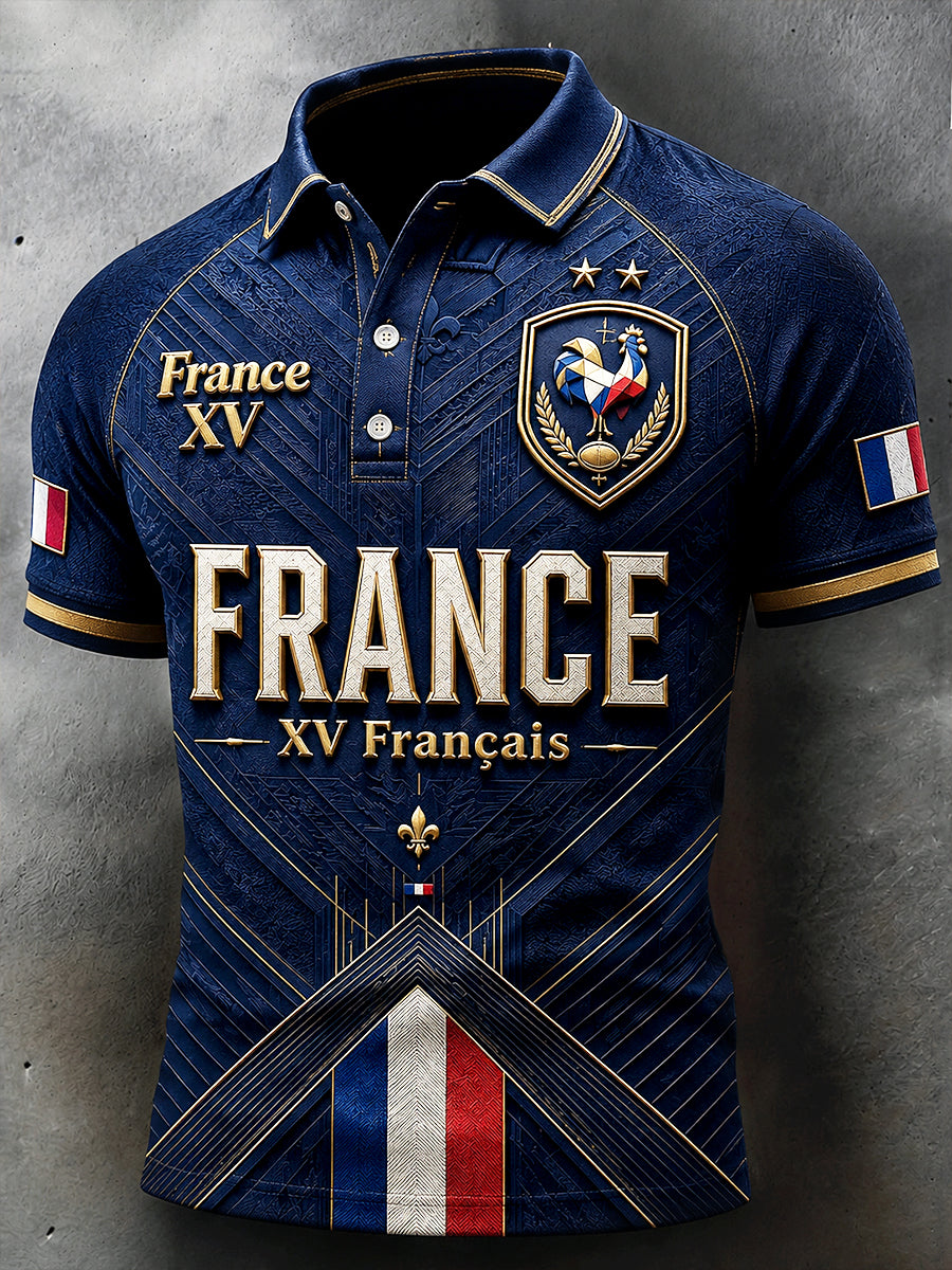 Polo décontracté pour homme, bleu foncé, motif rugby français d’automne