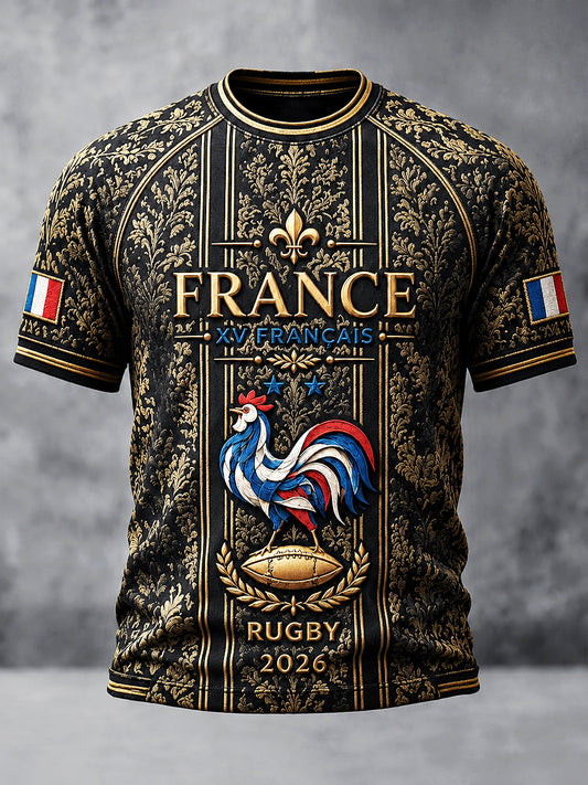 T-shirt décontracté noir à imprimé rugby français pour homme, collection automne