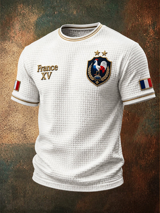 T-shirt blanc français d’automne pour homme, imprimé rugby, décontracté, minimaliste, en tissu gauffré