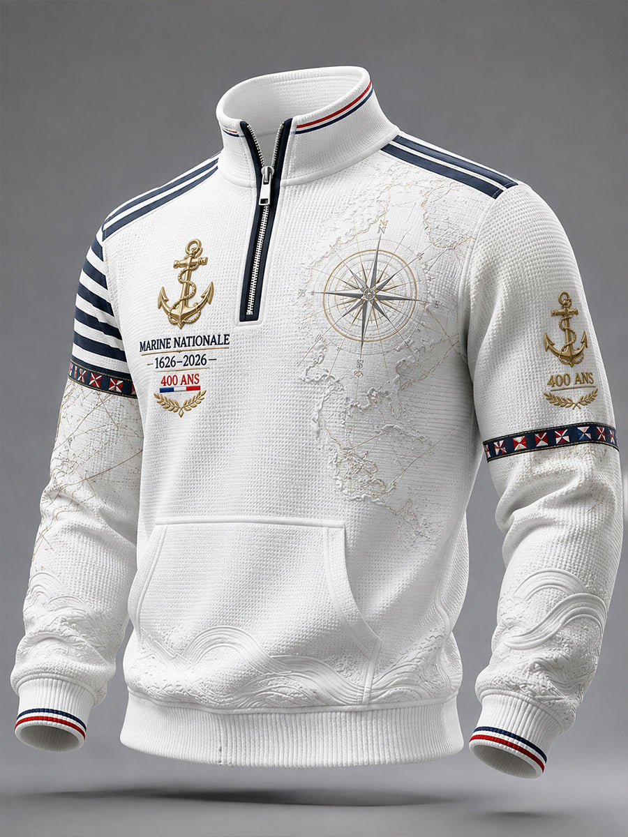 T-shirt manches longues en côte piquée pour homme, bleu marine français