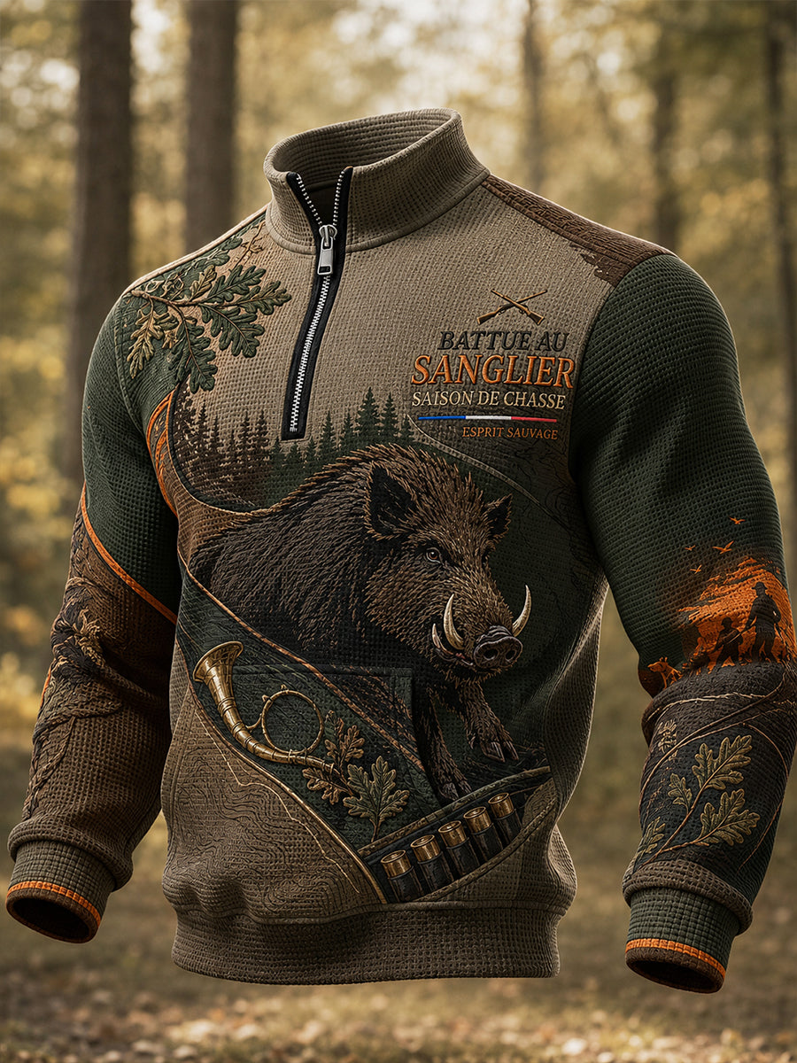 T-shirt manches longues en piqué pour la saison de chasse, style français, pour homme