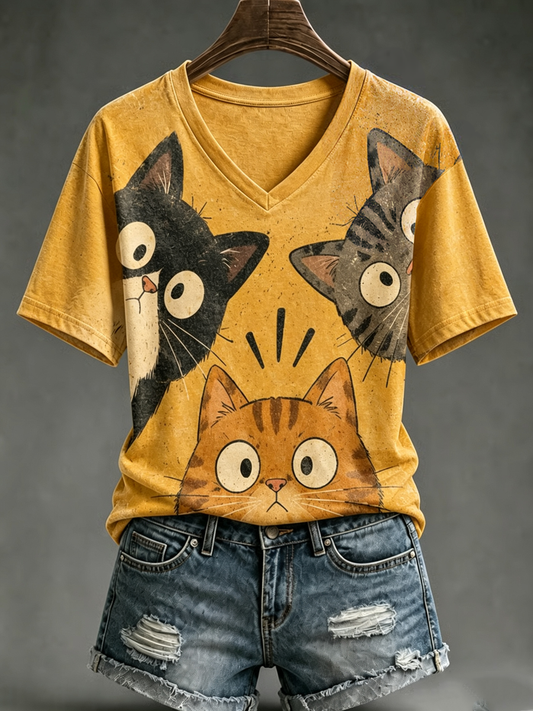 T-shirt femme à manches courtes avec imprimé mignon de chat