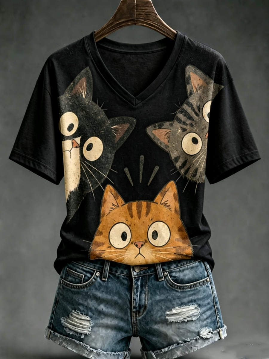 T-shirt femme à manches courtes avec imprimé mignon de chat